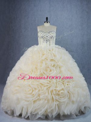 Sweetheart Sleeveless Fabric With Rolling Flowers Quinceanera Gowns Beading and Ruffles Brush Train Lace Up
