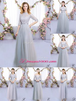 Tulle Half Sleeves Floor Length Quinceanera Court Dresses and Lace and Belt