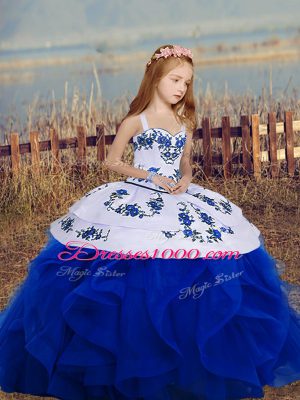 Royal Blue Sleeveless Embroidery and Ruffles Floor Length Kids Pageant Dress
