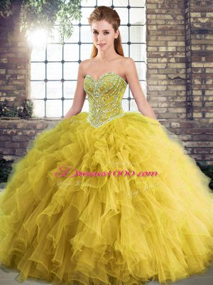 Gold Lace Up Sweetheart Beading and Ruffles Quinceanera Dress Tulle Sleeveless