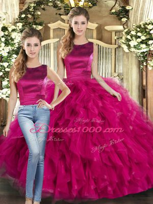 Fantastic Sleeveless Tulle Floor Length Lace Up Quinceanera Gowns in Fuchsia with Ruffles