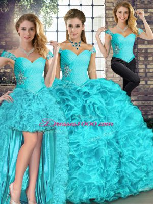 Aqua Blue Organza Lace Up Off The Shoulder Sleeveless Floor Length Ball Gown Prom Dress Beading and Ruffles
