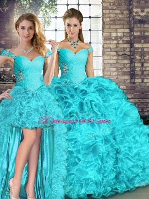 Aqua Blue Organza Lace Up Off The Shoulder Sleeveless Floor Length Ball Gown Prom Dress Beading and Ruffles