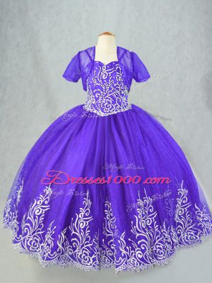 Luxurious Sleeveless Floor Length Beading and Embroidery Lace Up Little Girls Pageant Dress Wholesale with Purple