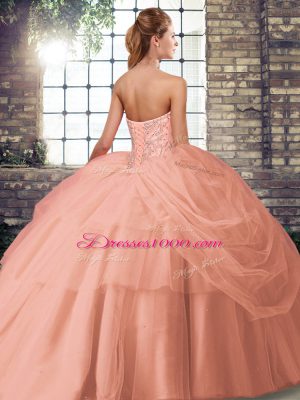 Great Lace Up Sweet 16 Dresses Fuchsia for Military Ball and Sweet 16 and Quinceanera with Beading and Pick Ups Brush Train