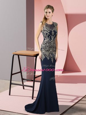 Navy Blue Column/Sheath Appliques Prom Gown Zipper Satin Sleeveless