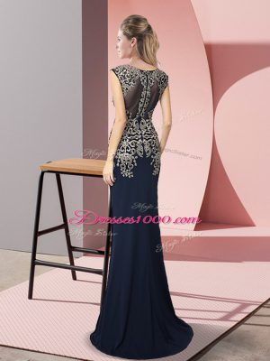 Navy Blue Column/Sheath Appliques Prom Gown Zipper Satin Sleeveless