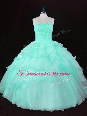 Sleeveless Floor Length Ruffles and Hand Made Flower Lace Up Vestidos de Quinceanera with Apple Green