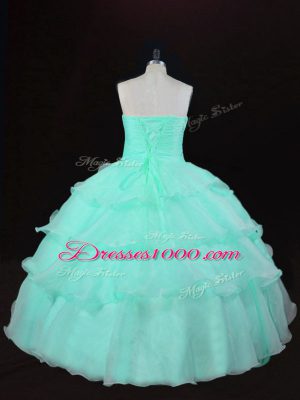 Sleeveless Floor Length Ruffles and Hand Made Flower Lace Up Vestidos de Quinceanera with Apple Green