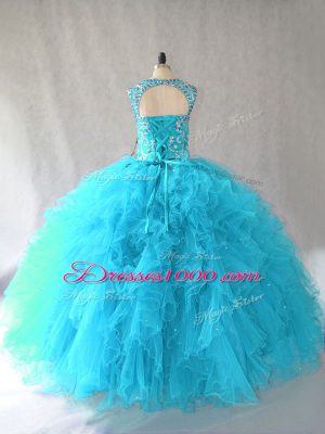 Latest Scoop Sleeveless Tulle Quinceanera Gown Beading and Ruffles Lace Up