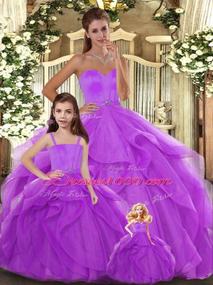 Best Lilac Ball Gowns Tulle Sweetheart Sleeveless Beading and Ruffles Floor Length Lace Up Quinceanera Gowns