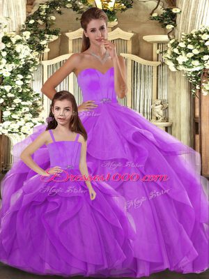 Best Lilac Ball Gowns Tulle Sweetheart Sleeveless Beading and Ruffles Floor Length Lace Up Quinceanera Gowns