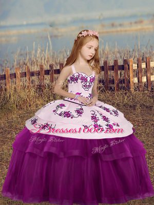 Adorable Fuchsia Side Zipper Little Girl Pageant Dress Embroidery Sleeveless Floor Length