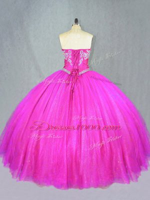 Fancy Fuchsia Lace Up Sweet 16 Dresses Beading Sleeveless Floor Length