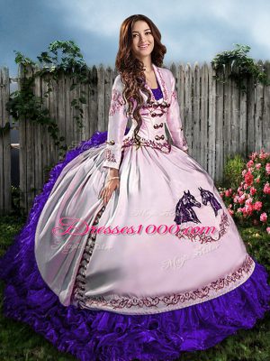 Beautiful Sleeveless Satin Floor Length Lace Up 15 Quinceanera Dress in White And Purple with Embroidery and Ruffles