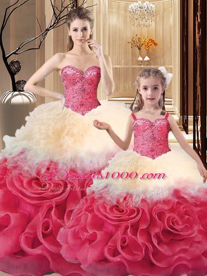 Fantastic Sleeveless Fabric With Rolling Flowers Floor Length Lace Up Quinceanera Dress in Multi-color with Beading and Ruffles