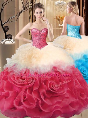 Fantastic Sleeveless Fabric With Rolling Flowers Floor Length Lace Up Quinceanera Dress in Multi-color with Beading and Ruffles