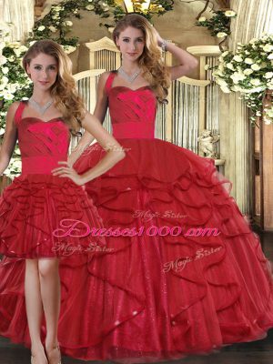 Red Three Pieces Ruffles 15th Birthday Dress Lace Up Tulle Sleeveless Floor Length