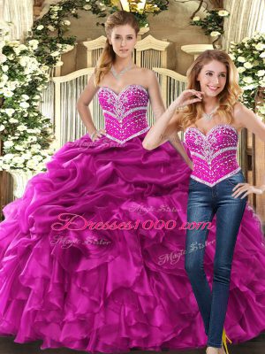 Graceful Fuchsia Ball Gowns Sweetheart Sleeveless Organza Floor Length Lace Up Beading and Ruffles and Pick Ups 15th Birthday Dress