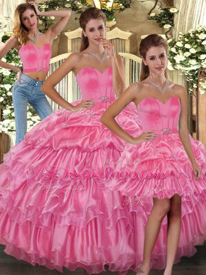 Rose Pink Sweetheart Lace Up Ruffled Layers and Pick Ups Sweet 16 Dress Sleeveless