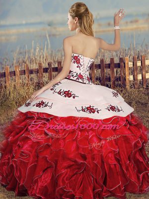 White And Red Ball Gowns Embroidery and Ruffles Ball Gown Prom Dress Lace Up Organza Sleeveless Floor Length