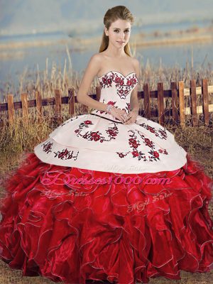 White And Red Ball Gowns Embroidery and Ruffles Ball Gown Prom Dress Lace Up Organza Sleeveless Floor Length