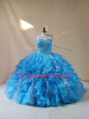 Attractive Organza Sweetheart Sleeveless Lace Up Beading and Ruffles Quince Ball Gowns in Baby Blue