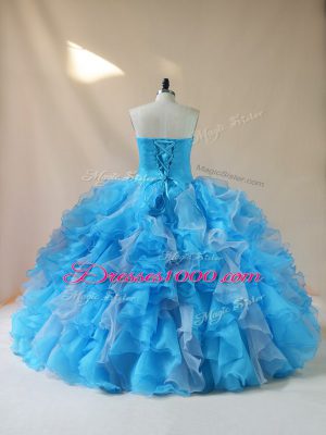 Attractive Organza Sweetheart Sleeveless Lace Up Beading and Ruffles Quince Ball Gowns in Baby Blue