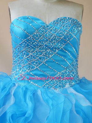 Attractive Organza Sweetheart Sleeveless Lace Up Beading and Ruffles Quince Ball Gowns in Baby Blue