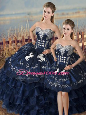 Low Price Navy Blue Three Pieces Organza Sweetheart Sleeveless Embroidery and Ruffles Floor Length Lace Up Sweet 16 Dresses