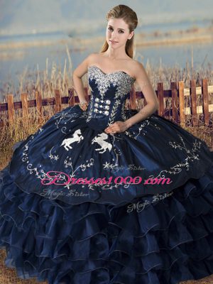Low Price Navy Blue Three Pieces Organza Sweetheart Sleeveless Embroidery and Ruffles Floor Length Lace Up Sweet 16 Dresses