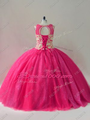 Graceful Scoop Sleeveless Lace Up Quinceanera Dresses Hot Pink Tulle