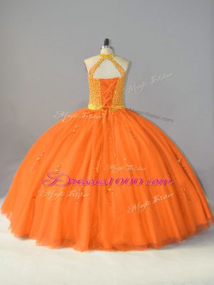 Hot Selling Halter Top Sleeveless Sweet 16 Dress Floor Length Beading Orange Tulle