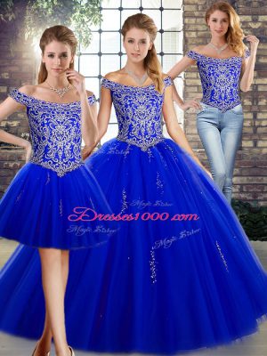 Tulle Off The Shoulder Sleeveless Lace Up Beading Quinceanera Gowns in Royal Blue
