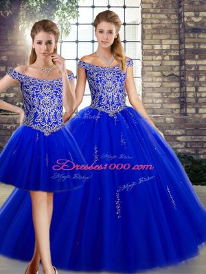 Tulle Off The Shoulder Sleeveless Lace Up Beading Quinceanera Gowns in Royal Blue