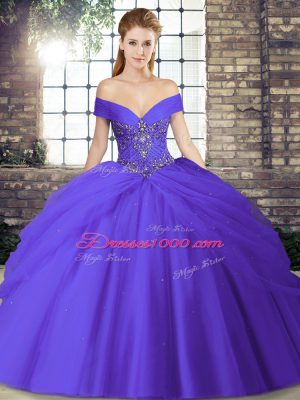 Traditional Brush Train Ball Gowns Quince Ball Gowns Purple Off The Shoulder Tulle Sleeveless Lace Up