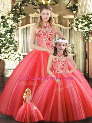 Coral Red Tulle Lace Up Quinceanera Gowns Sleeveless Floor Length Embroidery