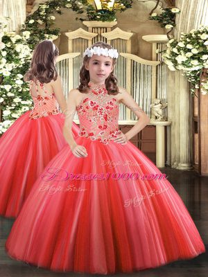 Coral Red Tulle Lace Up Quinceanera Gowns Sleeveless Floor Length Embroidery