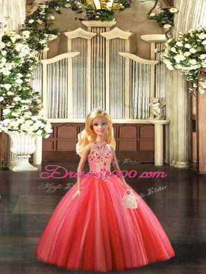 Coral Red Tulle Lace Up Quinceanera Gowns Sleeveless Floor Length Embroidery