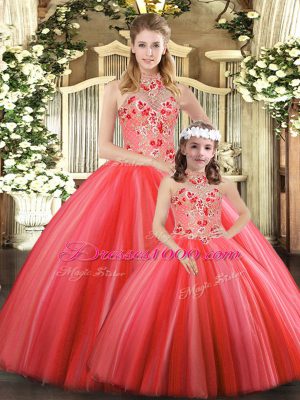 Coral Red Tulle Lace Up Quinceanera Gowns Sleeveless Floor Length Embroidery