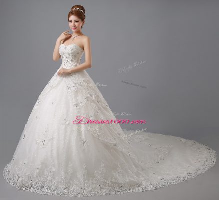 White Lace Up Bridal Gown Beading and Lace Sleeveless Chapel Train