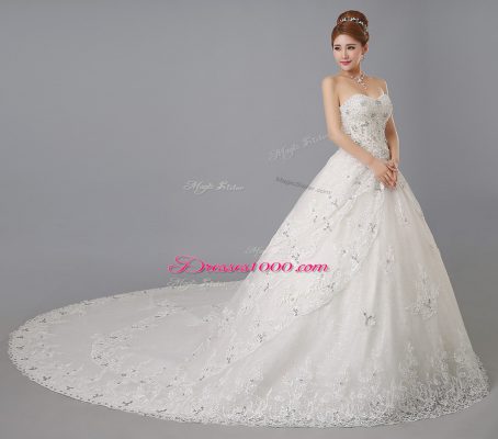White Lace Up Bridal Gown Beading and Lace Sleeveless Chapel Train
