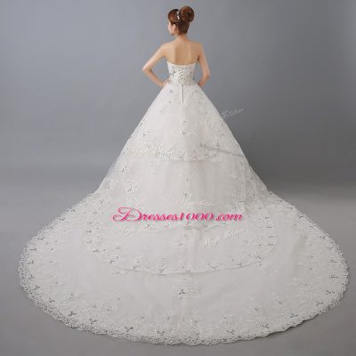 White Lace Up Bridal Gown Beading and Lace Sleeveless Chapel Train