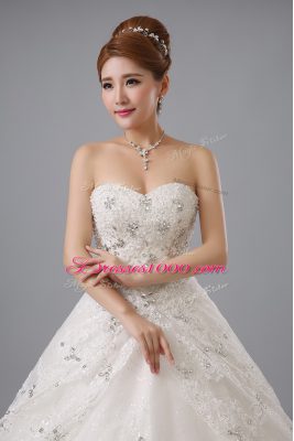 White Lace Up Bridal Gown Beading and Lace Sleeveless Chapel Train