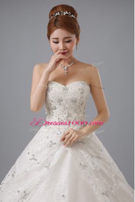 White Lace Up Bridal Gown Beading and Lace Sleeveless Chapel Train