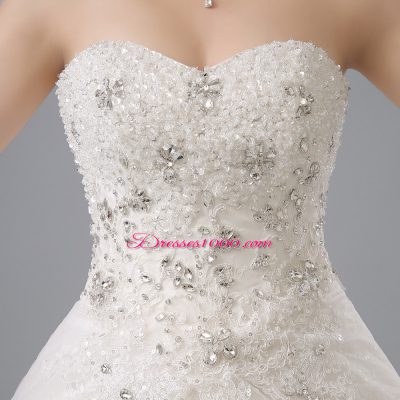 White Lace Up Bridal Gown Beading and Lace Sleeveless Chapel Train