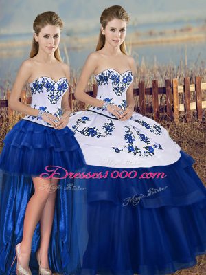 Floor Length Royal Blue Quinceanera Gowns Tulle Sleeveless Embroidery and Bowknot