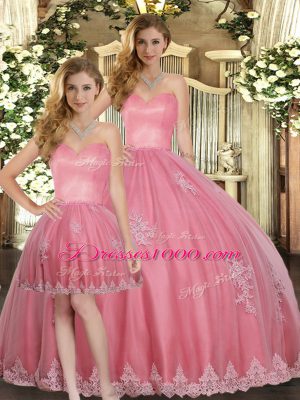 Hot Selling Watermelon Red Sweetheart Lace Up Appliques Quinceanera Gowns Sleeveless