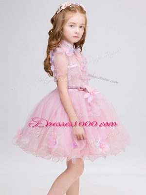 Baby Pink Ball Gowns Appliques Toddler Flower Girl Dress Zipper Tulle Short Sleeves Mini Length