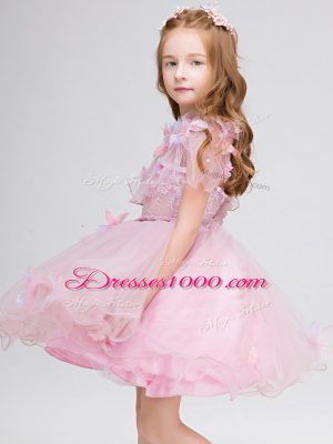 Baby Pink Ball Gowns Appliques Toddler Flower Girl Dress Zipper Tulle Short Sleeves Mini Length
